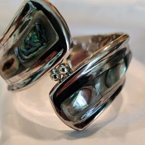 Vintage Sterling Silver Wide Cuff Mother of Pearl Bracelet